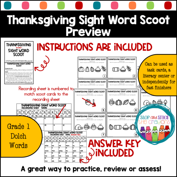 Thanksgiving Scoot Sight Words Grade One Dolch Words - Image 2