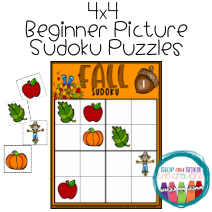Fall sudoku picture puzzle for kids with a pumpkin, apple, leaf and scarecrow