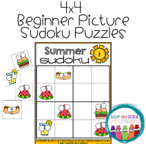 summer sudoku puzzle for kids with pictures of sun, watermelon, hotdogs and hamburgers