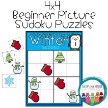 Winter sudoku puzzle for kids with pictures of snowman, mitten, tree and snowflake