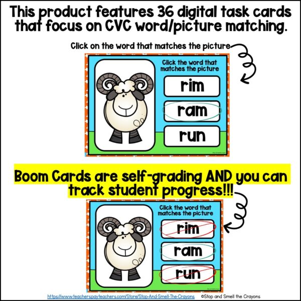 CVC Picture - Word Match   DIGITAL Task Cards - BOOM CARDS - Image 2