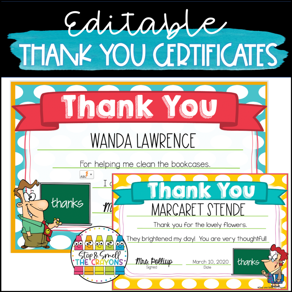 Thank you Editable Certificate - Stop and Smell the Crayons