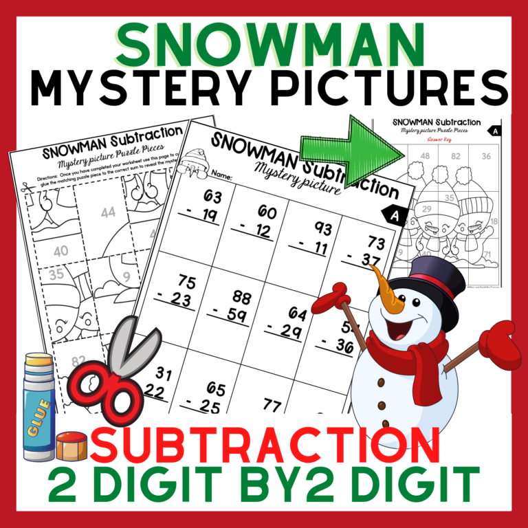 Snowman Subtraction 2 digit by 2 digit with borrowing | Mystery Pictures