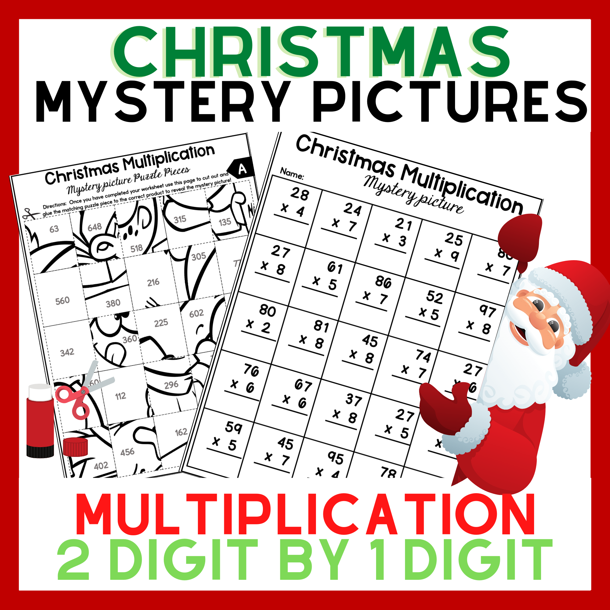 Christmas 2 digit by 1 digit multiplication Mystery Pictures