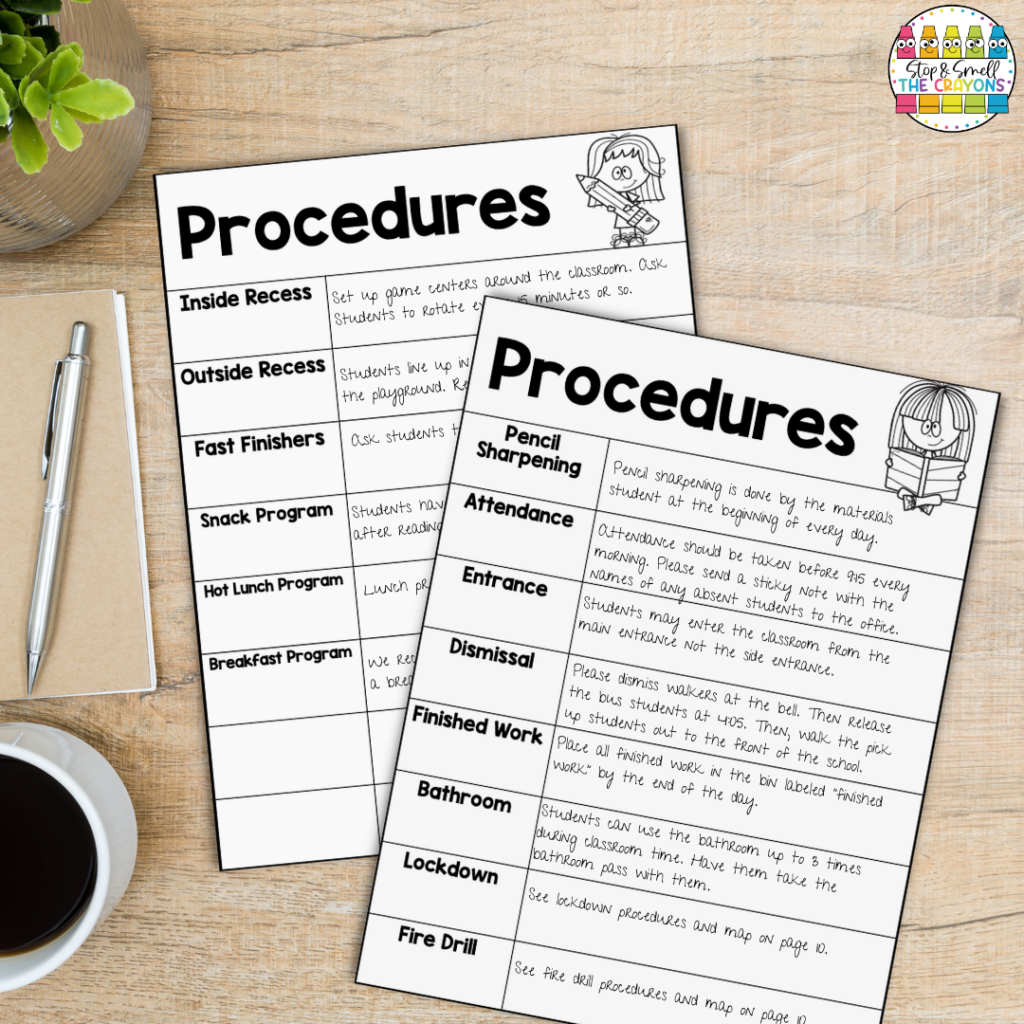 Keeping a list of classroom procedures will help with teacher organization and help you plan out ways to make the days run smoothly for you and your students.