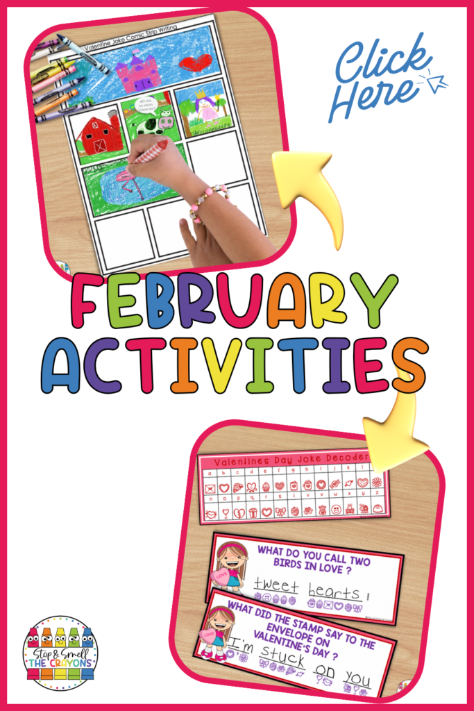 Elevate your lesson plans with 10 tailor-made February activities for elementary students! From kickstarting mornings with the February Morning Work routine to infusing creativity in literacy centers through Comic Strip Writing, these activities are designed to bring joy and essential skills to your classroom. Explore Valentine's Day-themed word games, coded riddles, cootie catchers, and more to make learning festive! Dive into the blog for a guide to embrace a month of love and learning. #stopandsmellthecrayons #februaryactivities #valentinesdayactivities