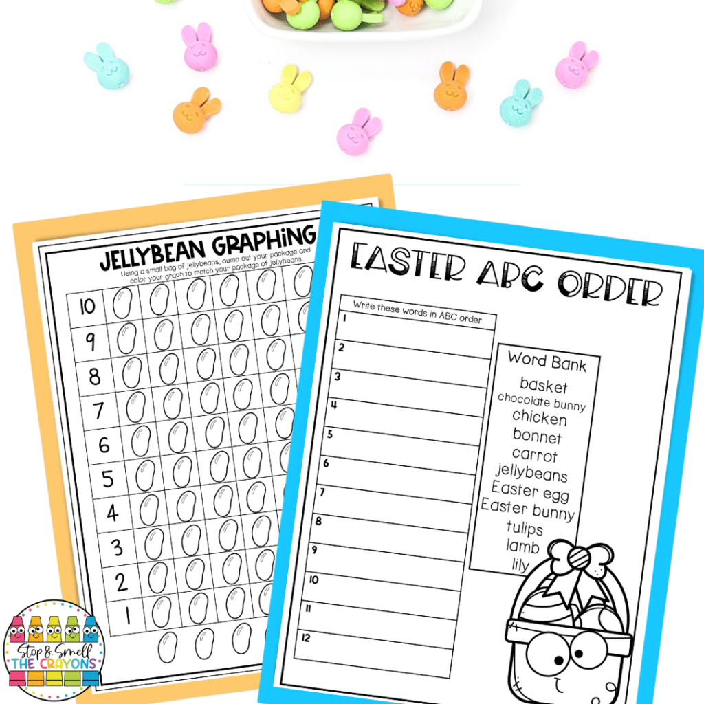 This image shows resources that are part of my Easter math and literacy worksheets. Students can put Easter themed words in alphabetical order and graph jellybeans.
