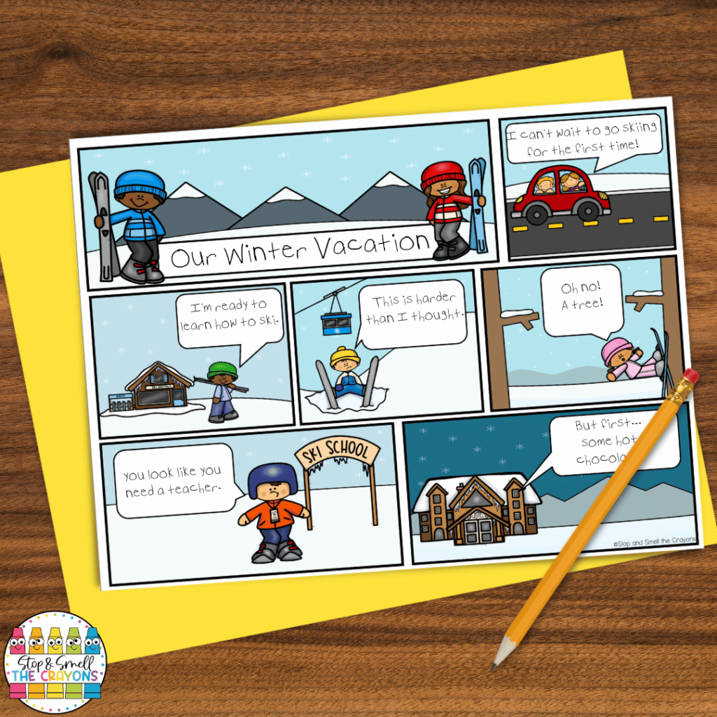 This image showcases a winter comic strip. In these writing activities, students will use the pictures provided in the comic strip to come up with the text to go in the speech bubbles.