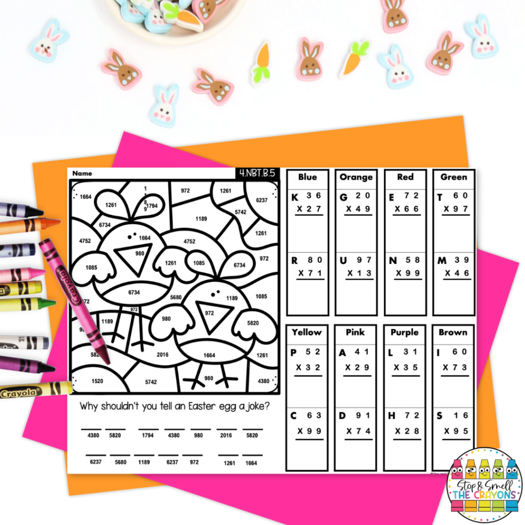 This fun April activity has a spring/Easter theme. Students will solve multiplication problems, color by code and then use their answers to solve one more fun question!