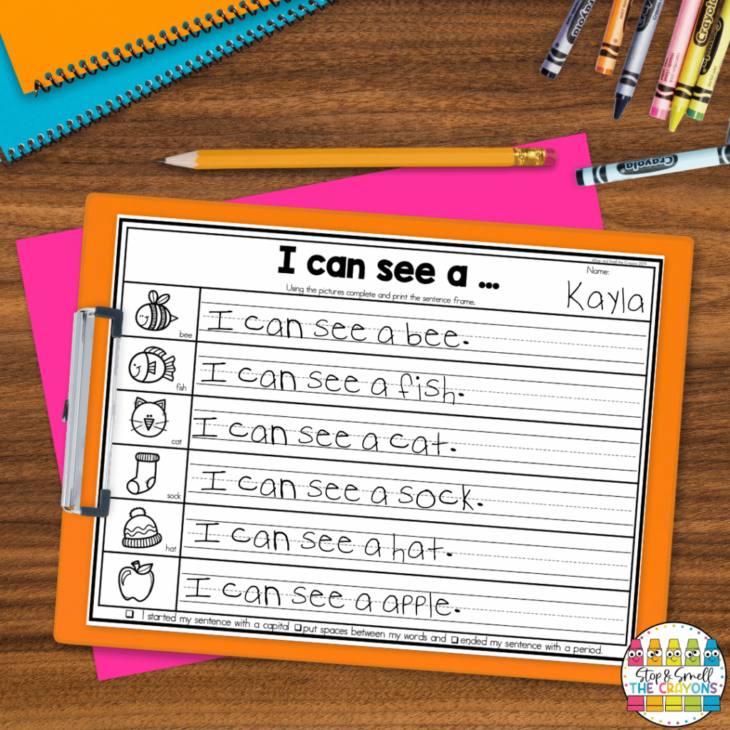 In this image, there is a writing page with the sentence starter "I see a...". Students can complete each sentence using labeled pictures beside each writing line.