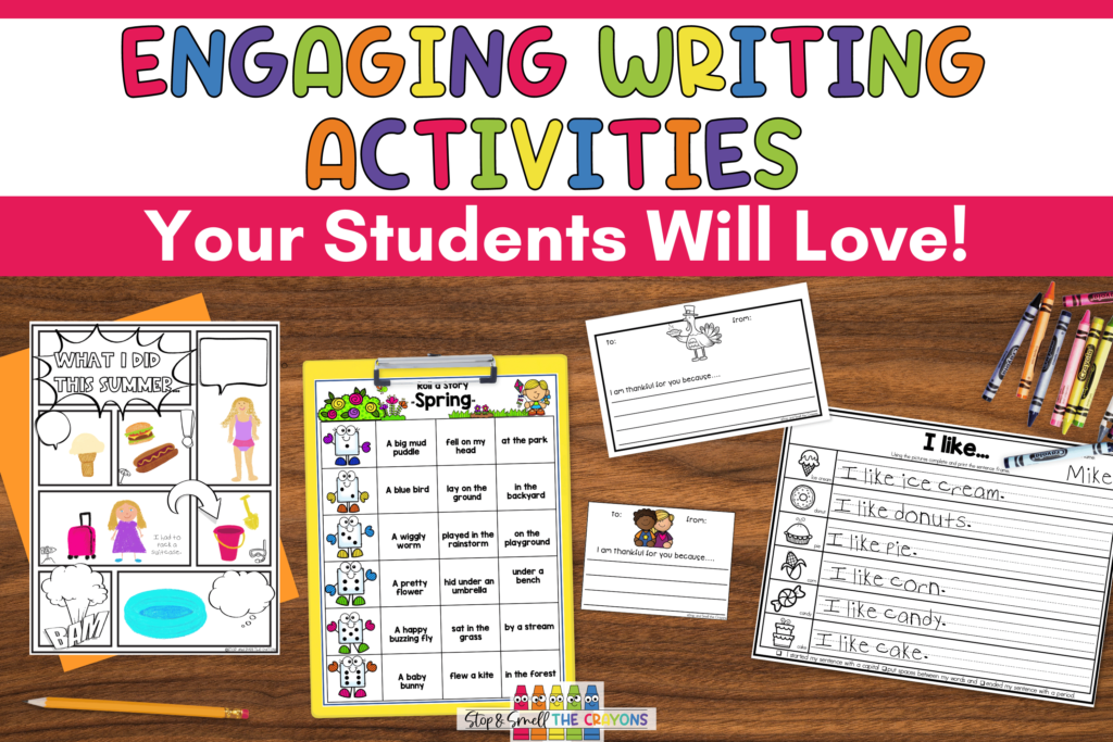 This image says "Engaging Writing Activities Your Students Will Love" and includes examples of various writing activities like a comic strip, sentence starters and more.
