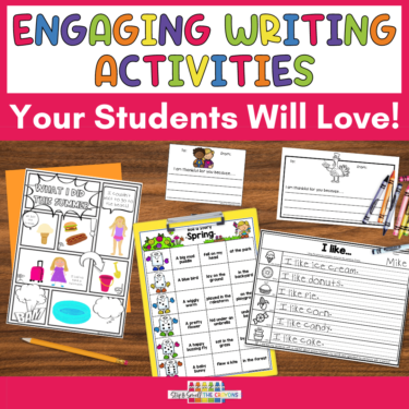 This image says "Engaging Writing Activities Your Students Will Love" and includes examples of various writing activities like a comic strip, sentence starters and more.