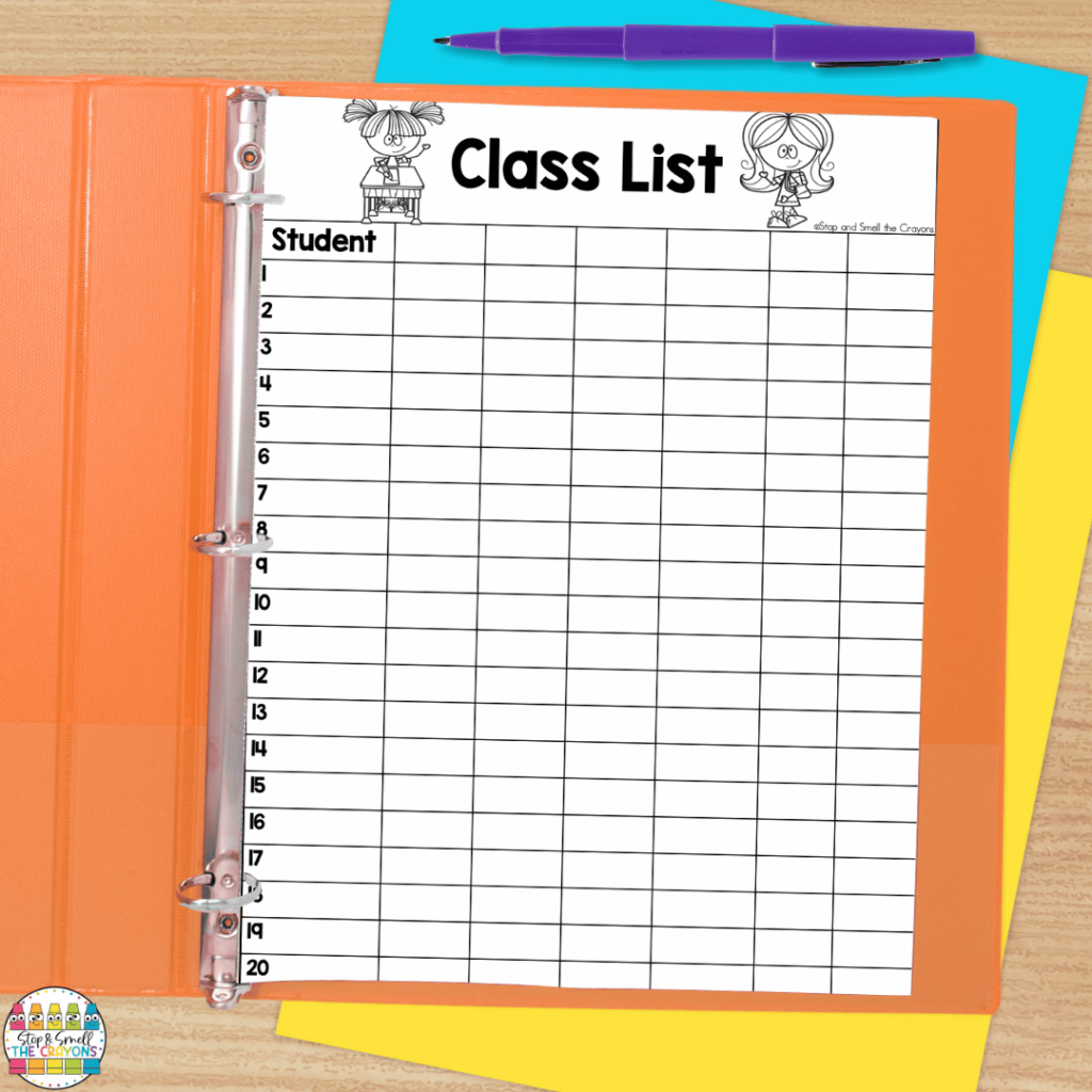 This image shoes a teacher binder page that can be used to record the class list.