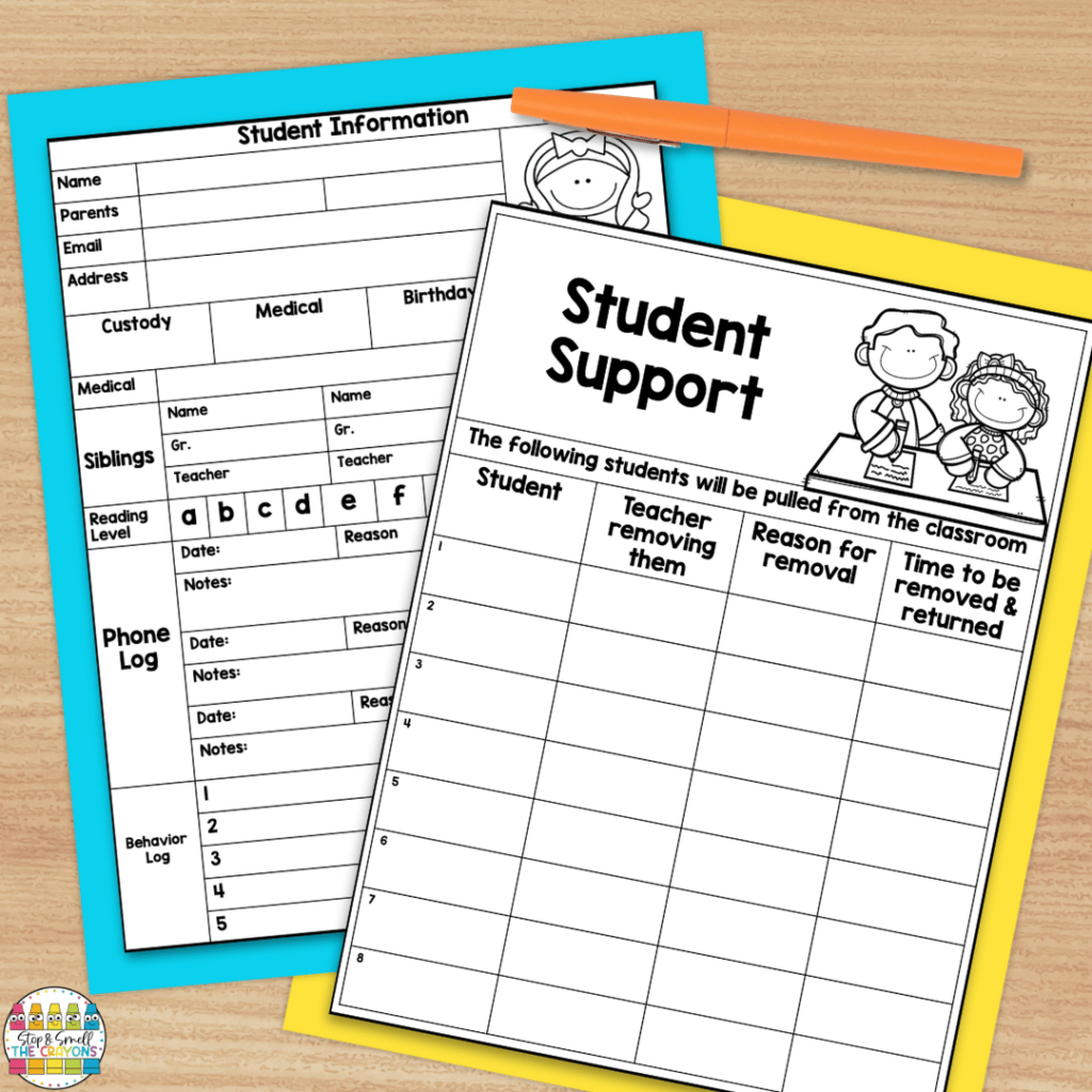 This image shows examples of helpful resources that can be included in a teacher binder: a student information sheet and a student support sheet.