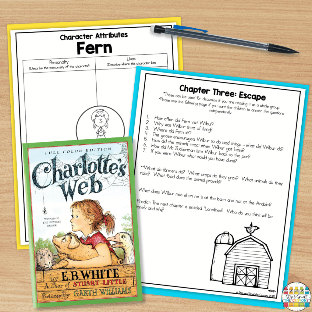 This image shows a novel study for "Charlotte's Web". Students can use novel studies like this one to improve their reading comprehension skills.