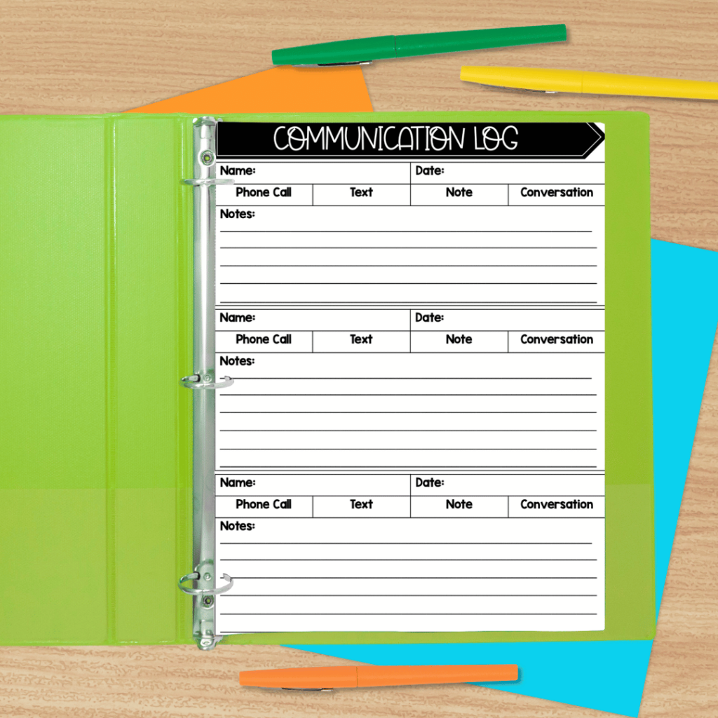 This image showcases a a communication log, which is another printable resource that can be stored in a teacher binder.