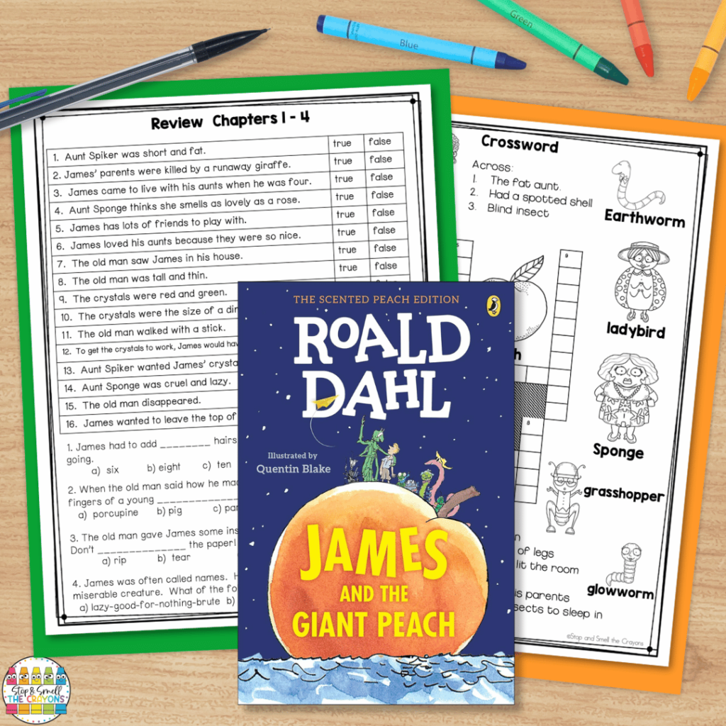 This image shows novel study activities for James and the Giant Peach by Roald Dahl. Use it in your classroom to practice comprehension.