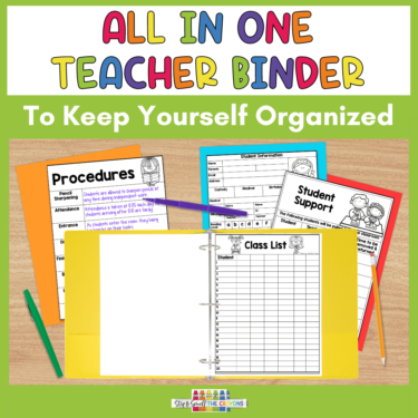 This image says, "All in One Teacher Binder to Keep Yourself Organized" and features images of example pages that can be kept in a teacher binder.