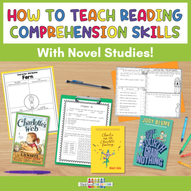 This image shows novel study activities that can be used to address reading comprehension skills and includes the text, "How to Teach Reading Comprehension with Novel Studies."