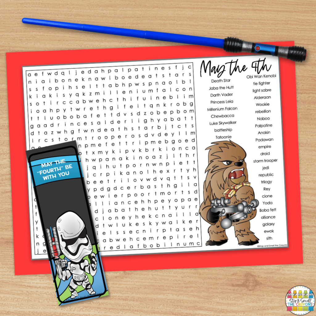 This image shows May activities that are perfect if you have Star Wars fans in your classroom. Celebrate May the Fourth with a crossroad and bookmark.