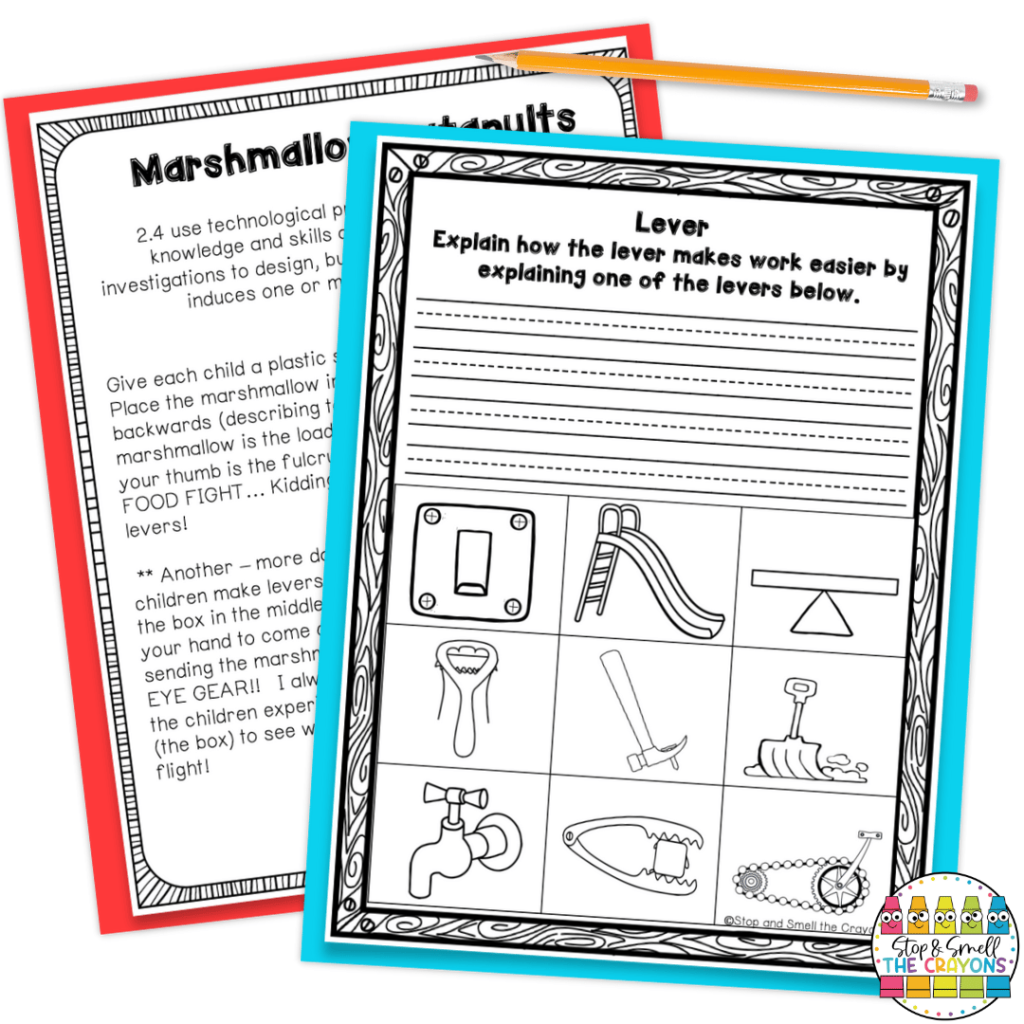 The activities in this image will help students learn about simple machines like levers with a hands-on experiment and writing prompt.