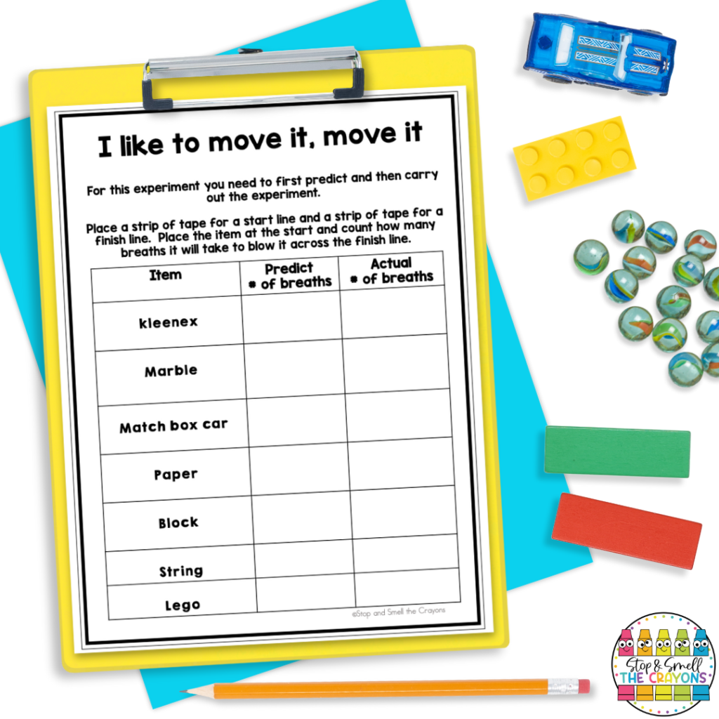 This image shows the set up for a simple air science experiment. Students will blow on materials like toy cars, marbles and blocks to see if they can move them with the air from their lungs and then record their findings.