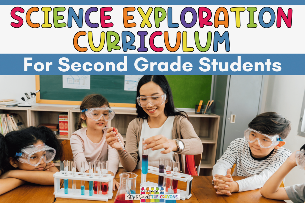 This image includes a photo of elementary aged students conducting a science experiment and the text, "Science Exploration Curriculum for Second Grade Students".