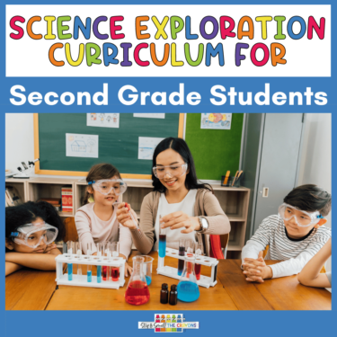 This image includes a photo of elementary aged students conducting a science experiment and the text, "Science Exploration Curriculum for Second Grade Students".