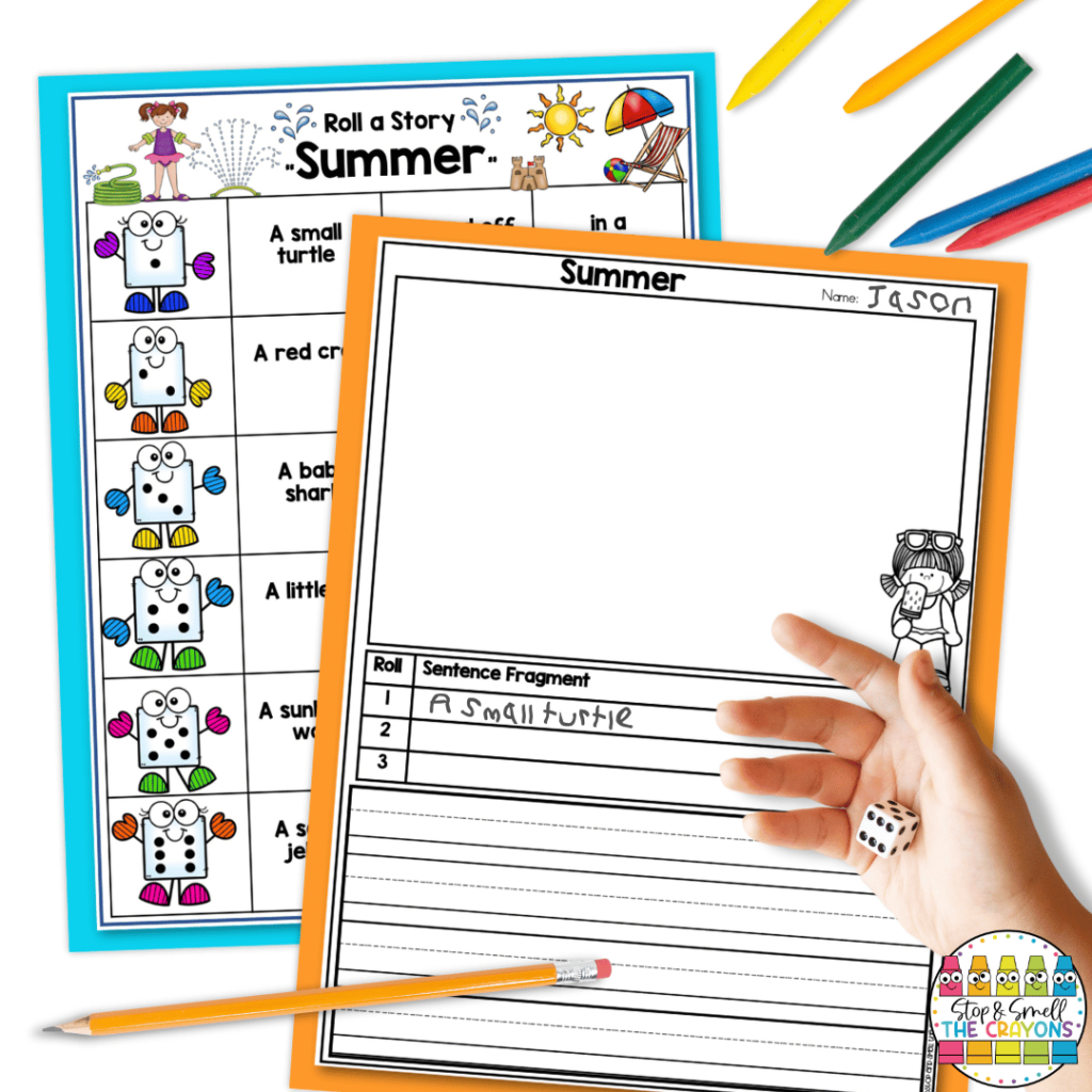 This image shows an example of writing prompts that can be used in writing centers. Students will roll dice to create a unique summer story and then record it on a writing template.