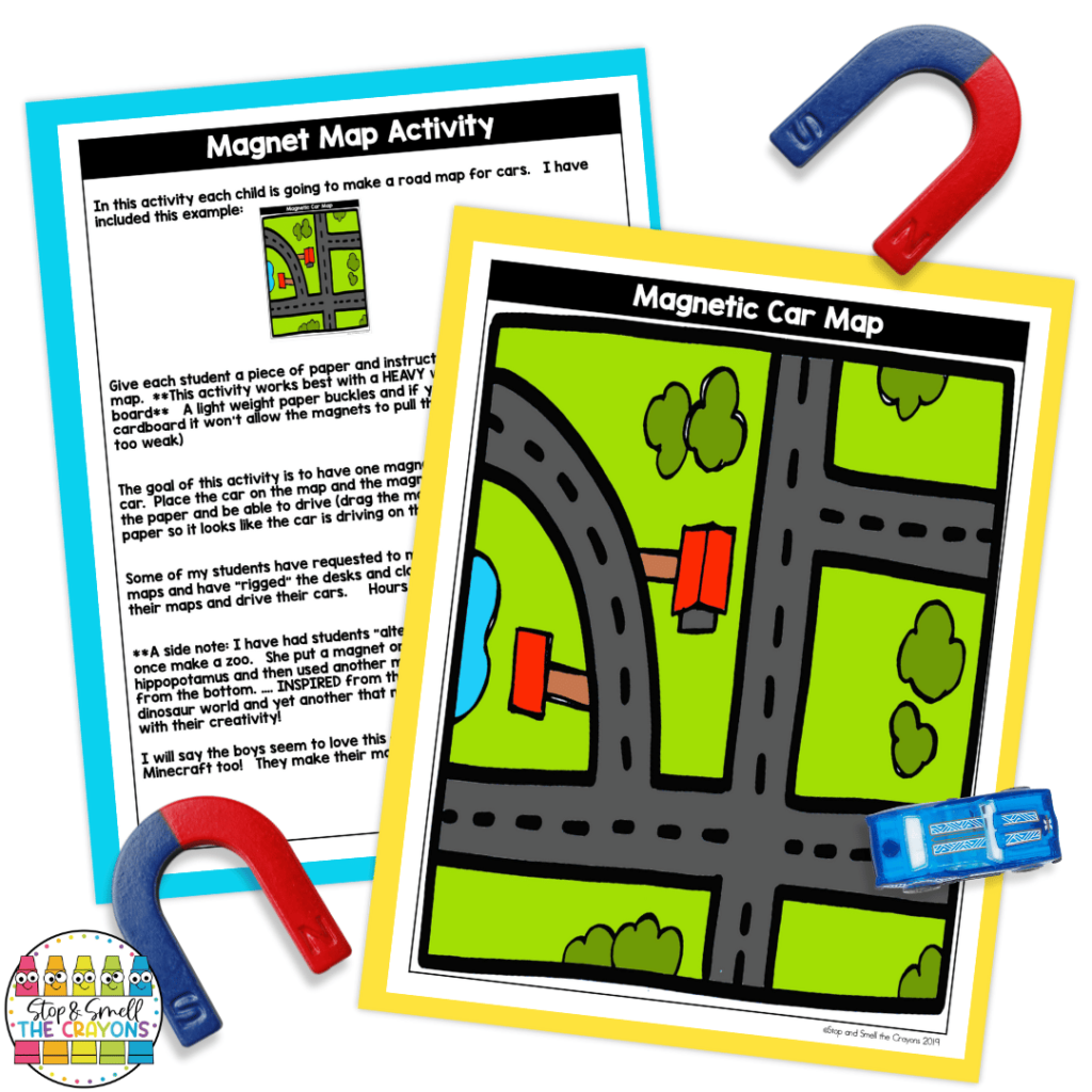 This image showcases a forces and motion experiment that can be used in your third grade science classroom. Students will use magnets to guide metal matchbox cards on a provided printable map.