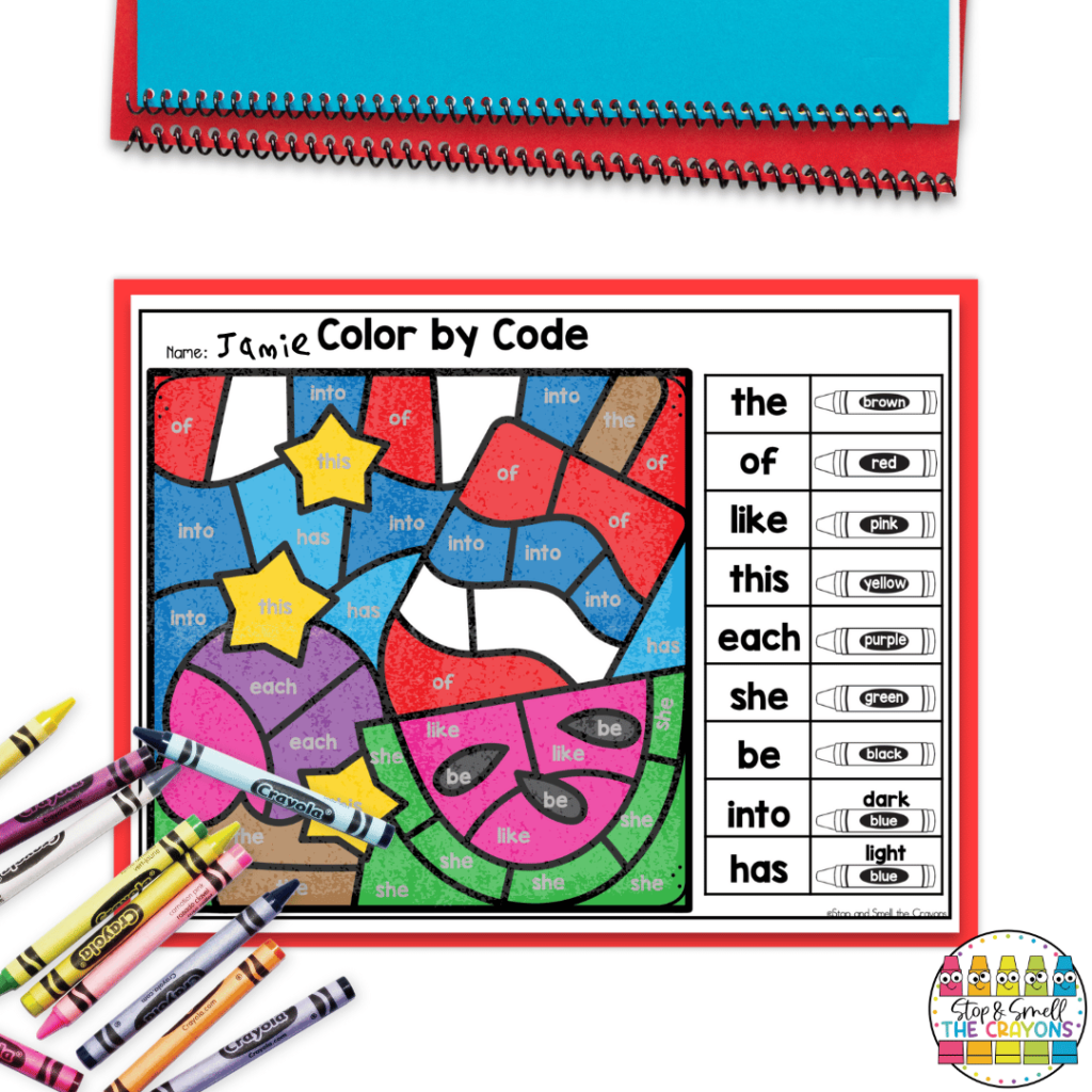 The color by code activities in this image have a patriotic theme that is perfect for 4th of July. Add them to your July activities for some fun, thematic sight word practice.