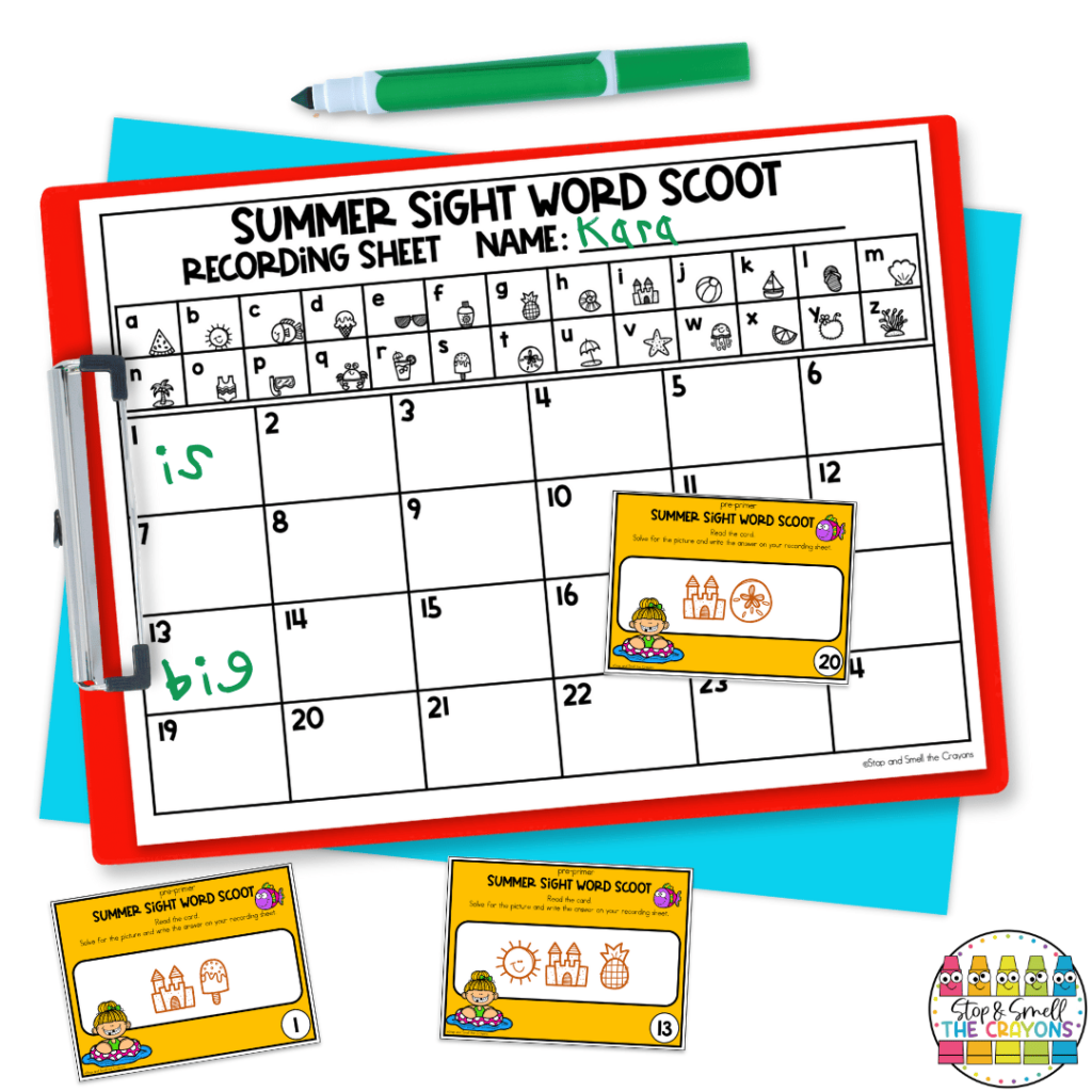 This image shows a summer sight word activity. Use it as part of your lessons to get students moving in the classroom as they search for and write sight words.