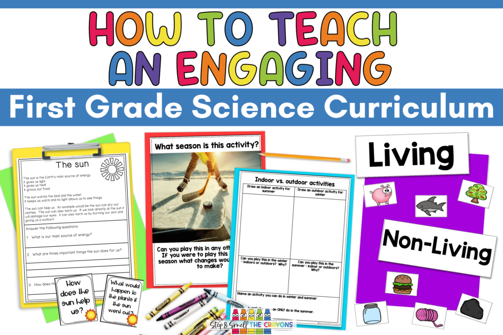 This image says, "How to Teach Engaging First Grade Science Curriculum" and shows examples of various activities from my first grade science units.