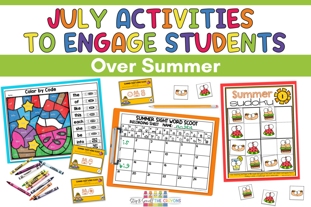 This image says, "July Activities to Engage Students Over Summer" and includes examples of activities like a color by code worksheet, a write the room activity and a summer themed sudoko puzzle.