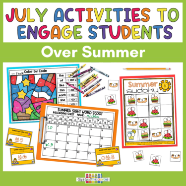 This image says, "July Activities to Engage Students Over Summer" and includes examples of activities like a color by code worksheet, a write the room activity and a summer themed sudoko puzzle.