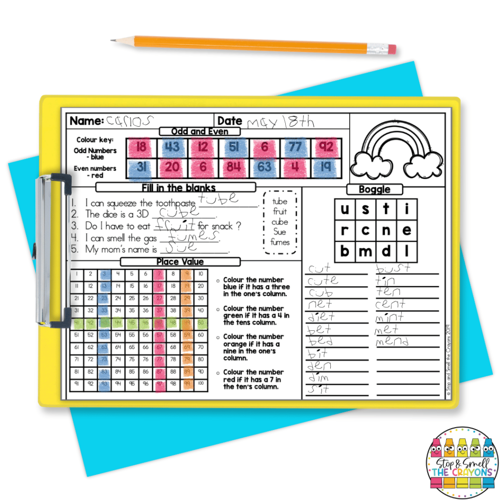 This image highlights a spiral review page that will help students practice literacy and math skills towards the end of first grade.