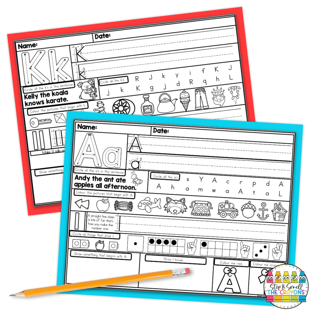 This image highlights some review pages that are great to use as August activities in first grade. Students can review skills like letters, letter sounds and numbers.