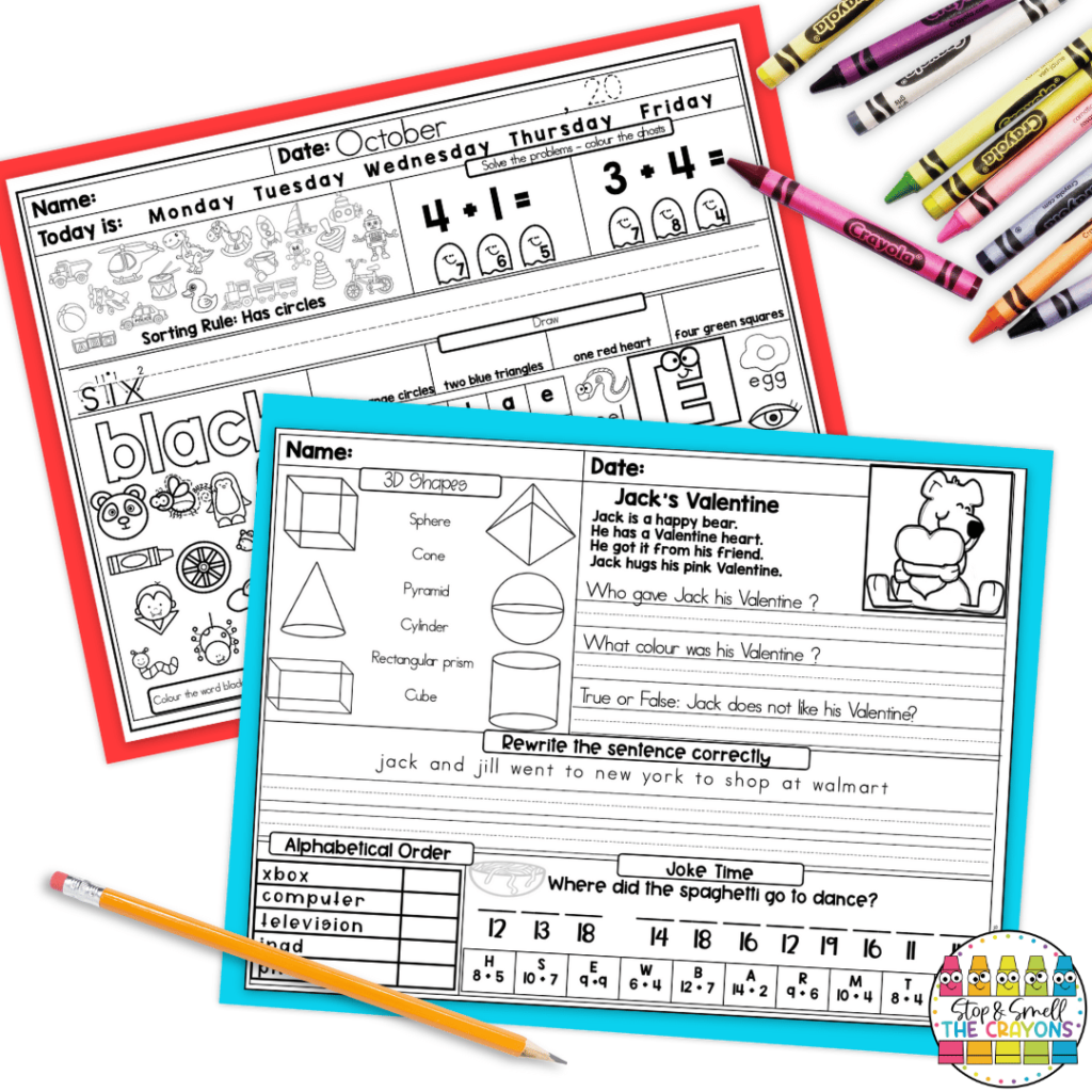 The worksheets in this image are a great option for first grade morning work and will help students practice both literacy and math skills.