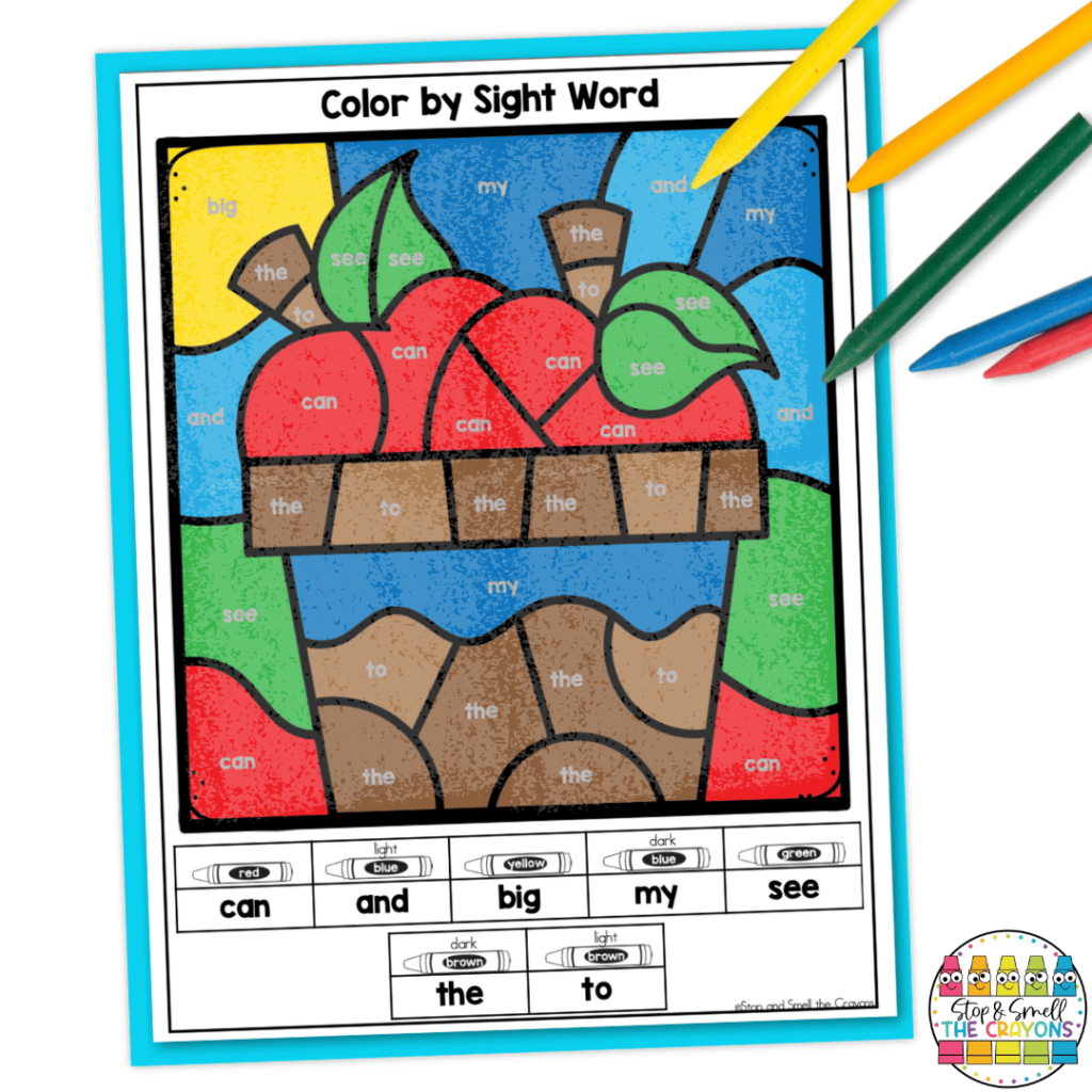 This color by sight word worksheet includes an early fall theme that makes it perfect to use in your August activities.