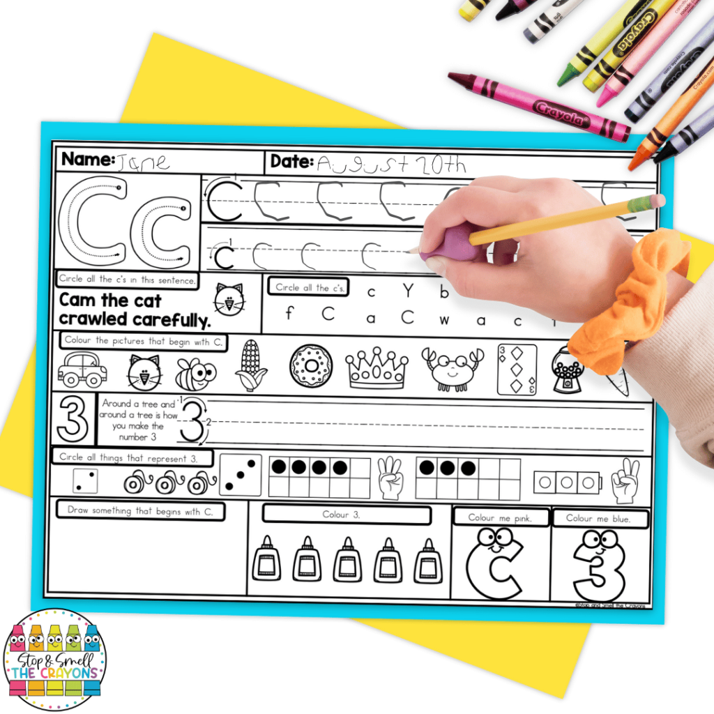 Spiral review pages like the one shown in this image will help students practice letter and number formation at the beginning of the year.