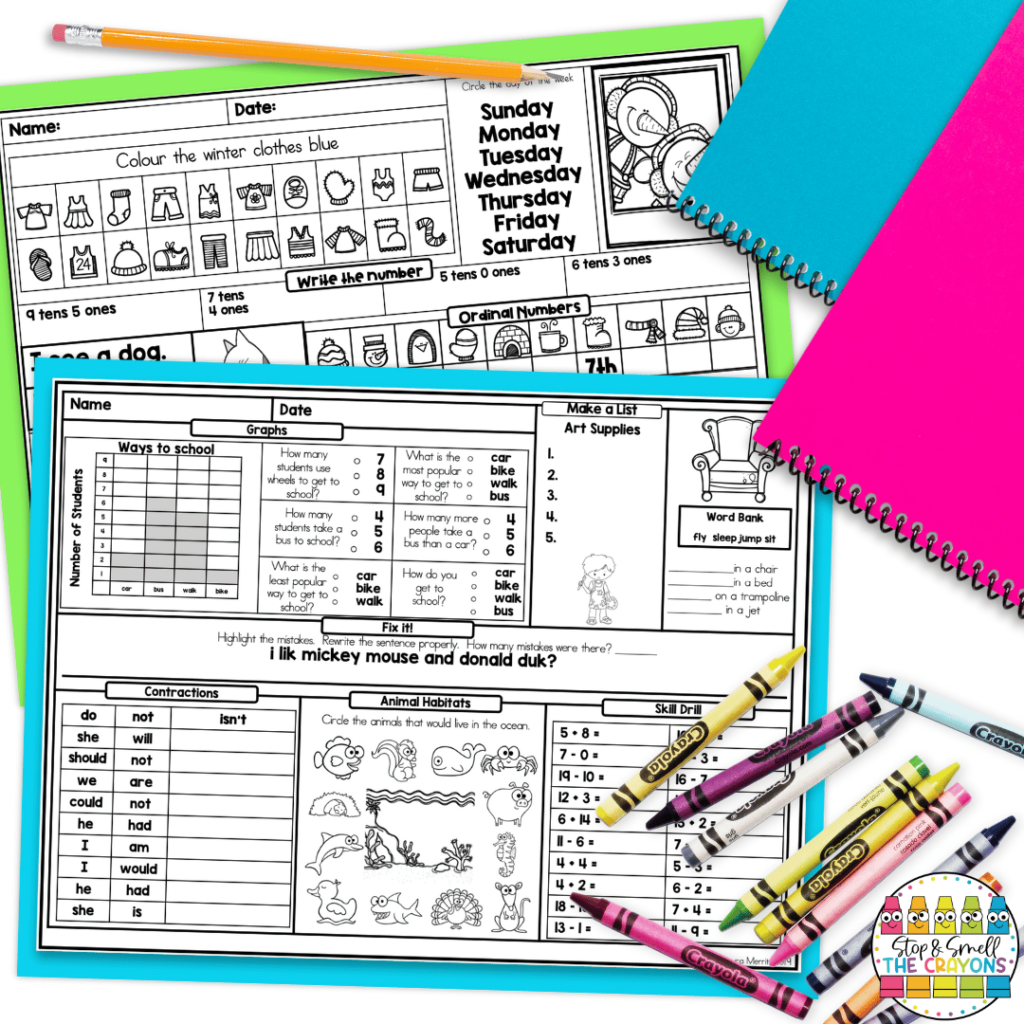 This image highlights first grade worksheets that are a great morning work option! They review math, literacy, and calendar skills!