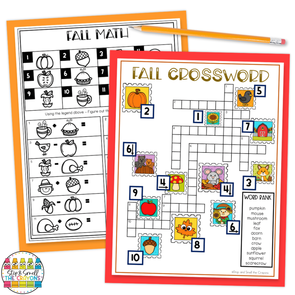 This image shows fall themed literacy and math worksheets that will help students practice fall vocabulary as well as addition and subtraction.