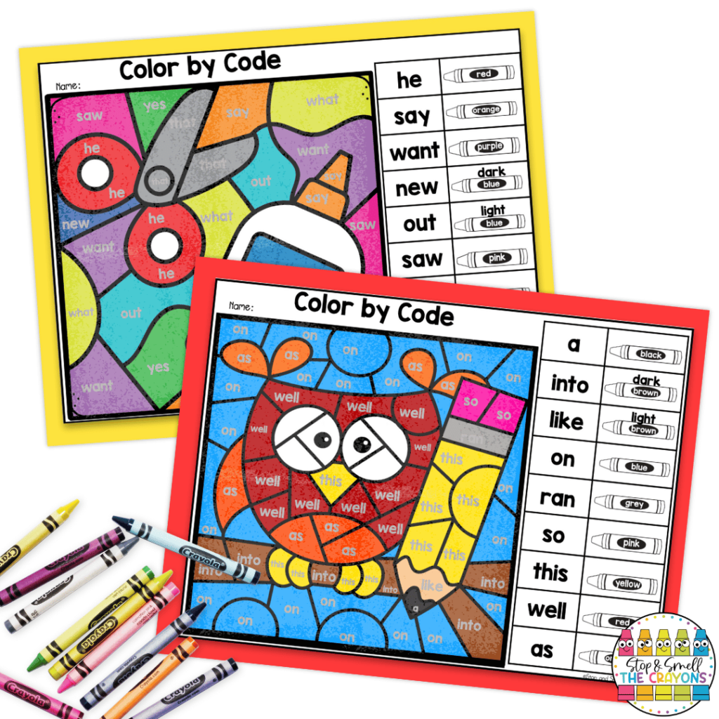 This image highlights some fun "Color by Code" September activities that will help them to practice sight words.