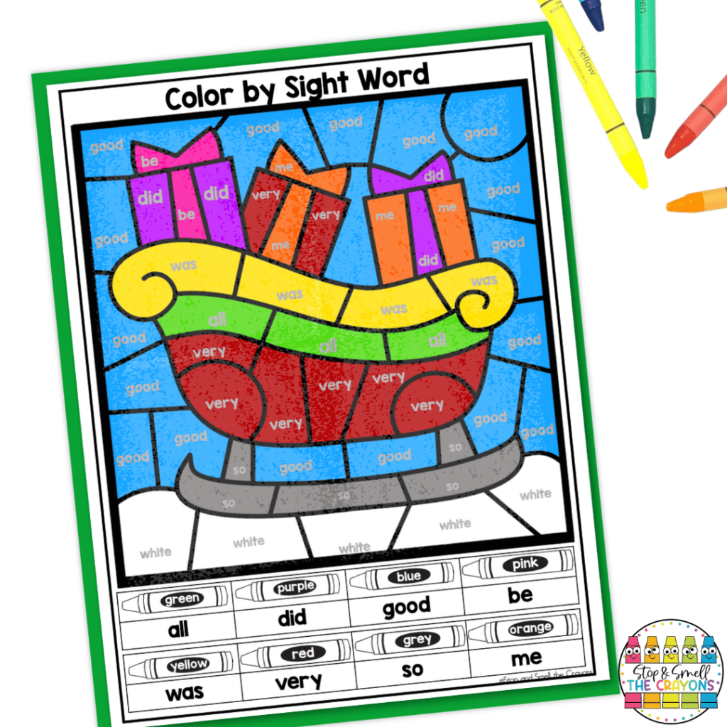 This image shows a "Color By Sight Word" worksheet that you can add to your December activities.