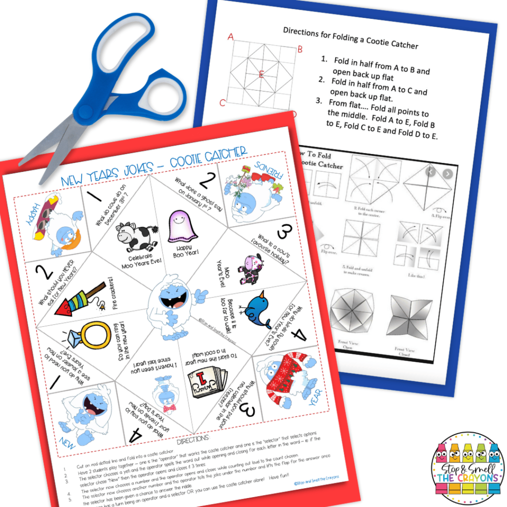 Cootie catchers, like the ones in this image, make excellent January activities that are sure to engage students.