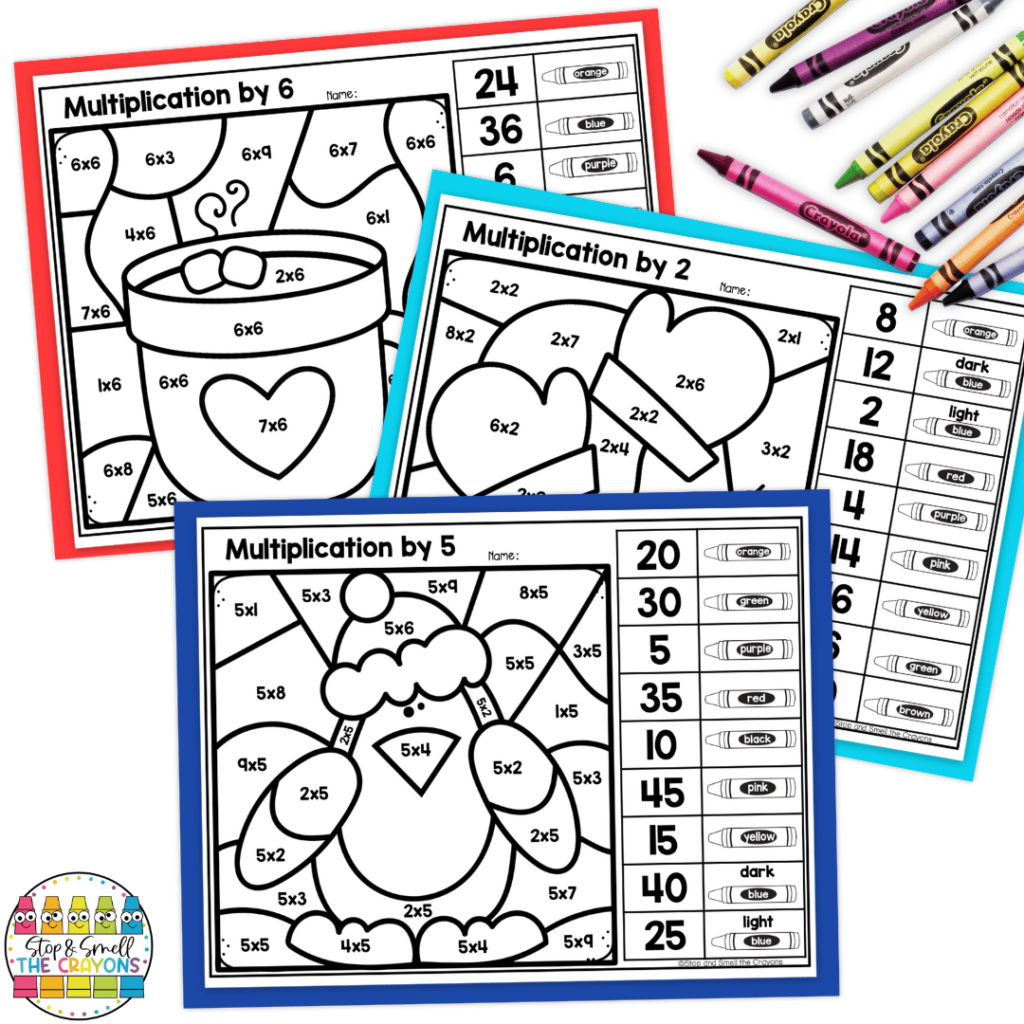 The winter themed color by code activities in this image will help students practice multiplication skills.