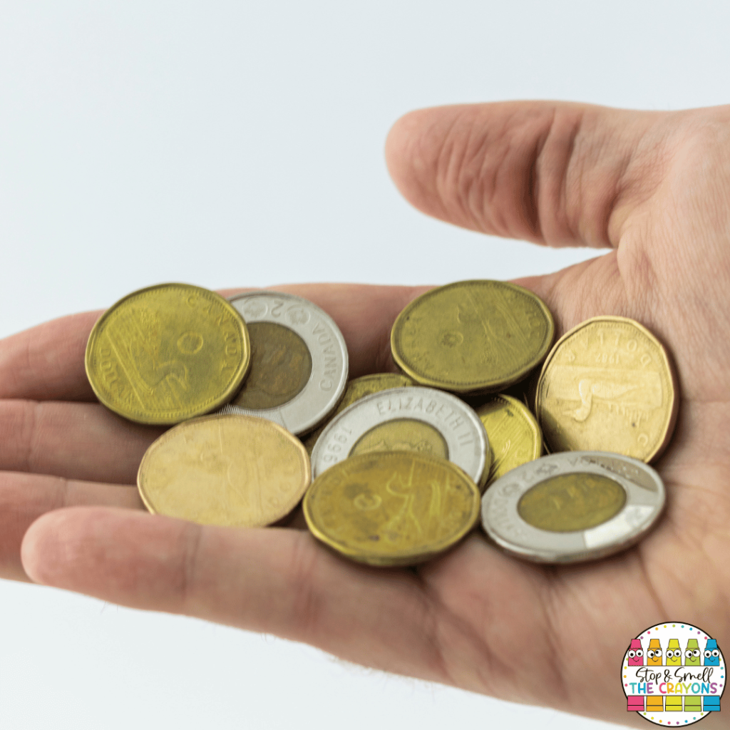 In this photo, a person is holding various Canadian coins.