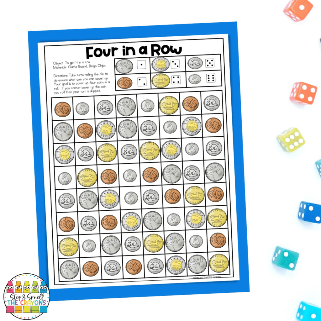 Help students learn Canadian coins with fun games like the "Four in a Row" activity shown in this image.