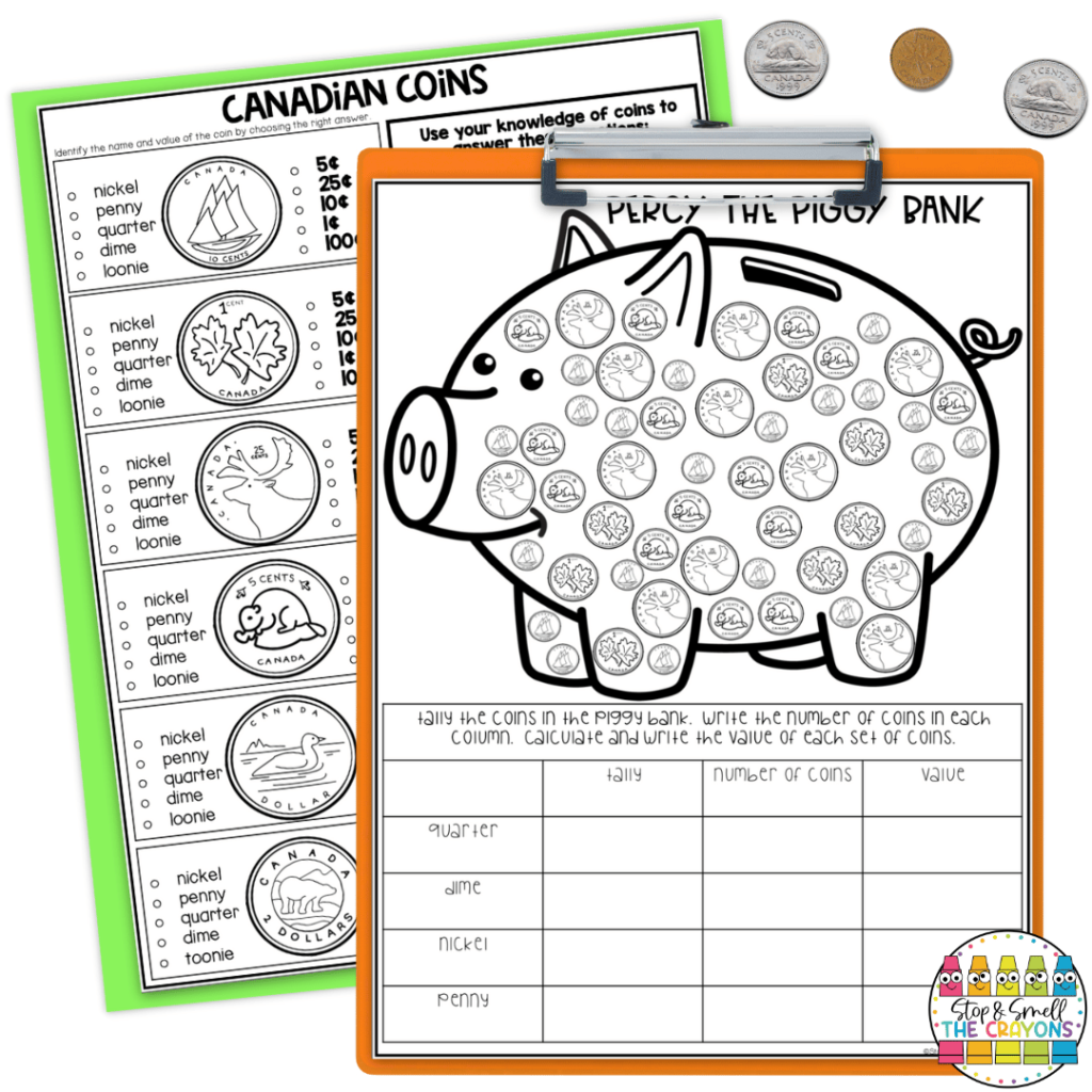 This image highlights Canadian coins worksheets that will help student identify coins, know their worth and know how to count coins.