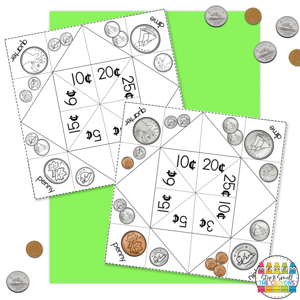 When learning about money, the cootie catchers in this image can be really helpful to students!